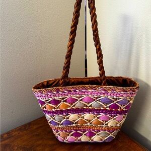 BLUE MIAMI Multi Color Corn Husk Woven Basket Large Tote